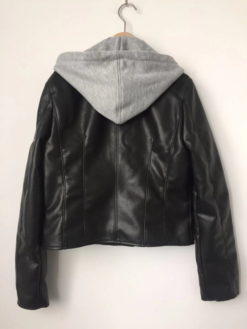 Women's PU jacket Long sleeve 2 in 1 faux leather hooded biker jacket