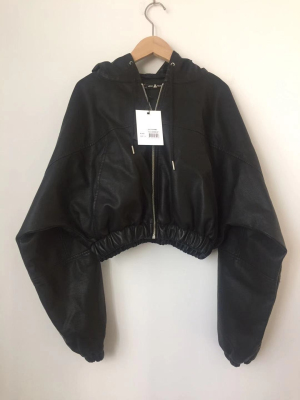 Women's PU jacket Long sleeve faux leather hooded bomber jacket girl's outerwear
