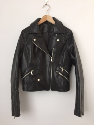 Women's PU jacket long sleeve faux leather crop biker jacket girl's outerwear