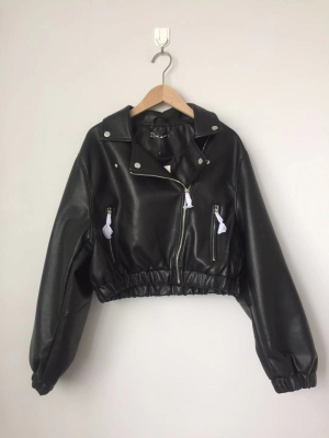 Women's PU jacket long sleeve faux leather crop biker jacket outerwear