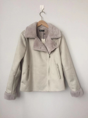 Women's jacket Long sleeve faux suede faux fur trim aviator jacket girl's outerwear
