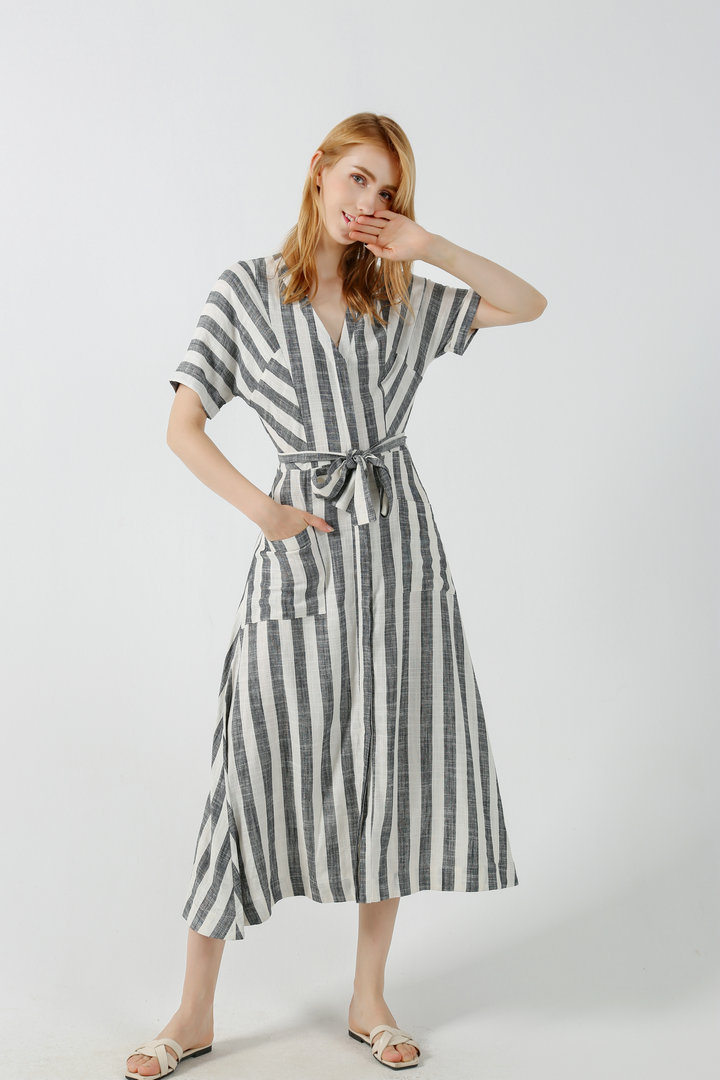Women's Casual Summer Dress V Neck Long Stripe Dress