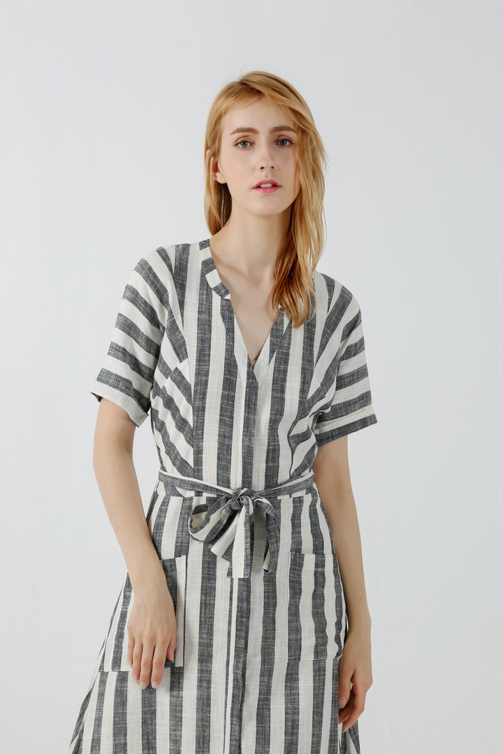 Women's Casual Summer Dress V Neck Long Stripe Dress