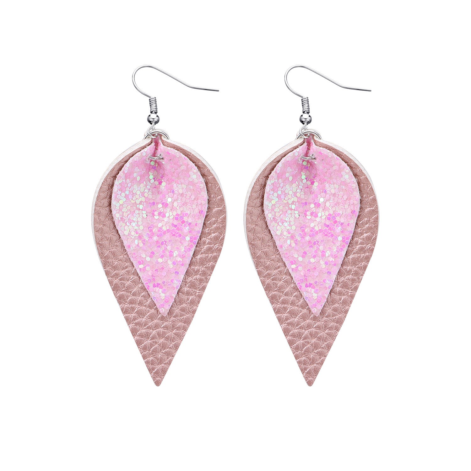 Unique Design heart Cut Out Rose Floral Print Leather Teardrop Earrings 