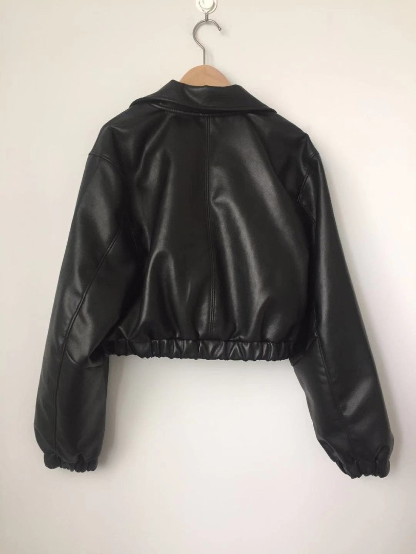 Women's PU jacket long sleeve faux leather crop biker jacket outerwear