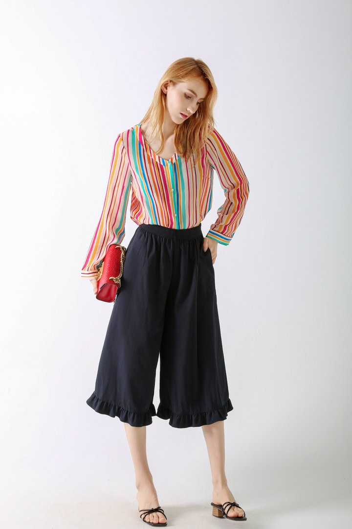  Women's Casual Chiffon suit Summer shirt Striped V Neck shirt 